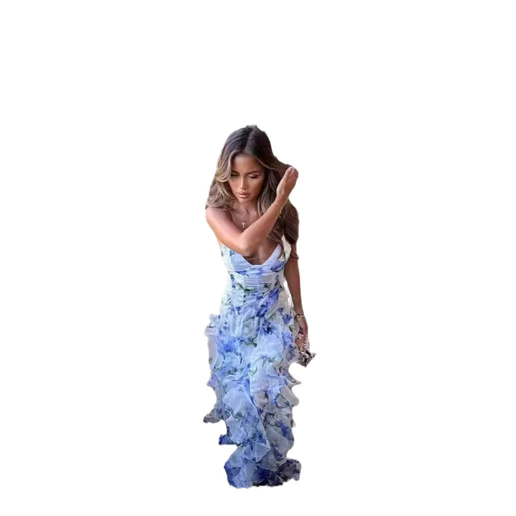 Boho Floral Ruffles Sleeveless Maxi Dress for Women