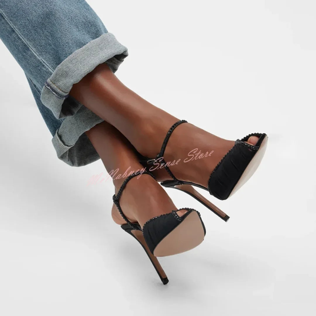 Crystal Mesh Buckle Strap Peep Toe Pumps for Women