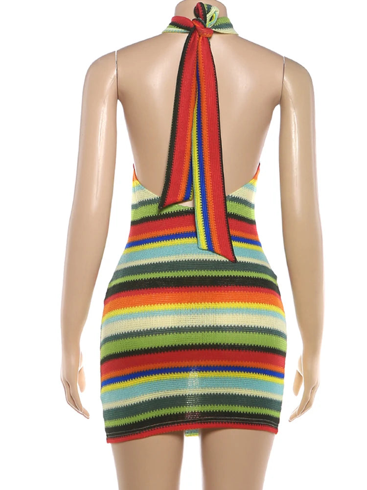 Striped Halter Backless Bodycon Mini Dress for Women
