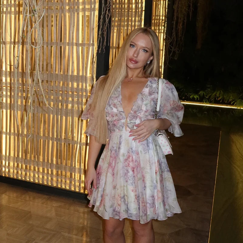 Trendy Floral Print Flare Sleeve V Neck Mini Dress Elegant High Waist Pleated Woman Vestidos 2025 New Autumn Evening Party Gown