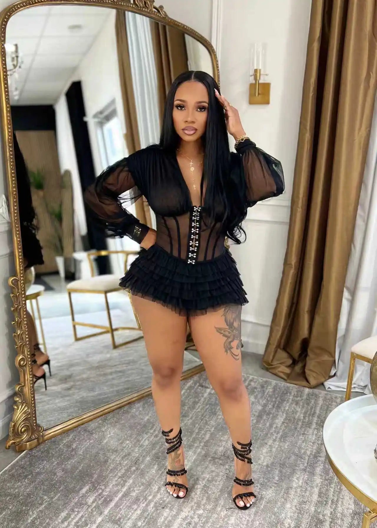 Mesh Ruched Patchwork See Through Long Sleeve Bodycon Rompers for Women