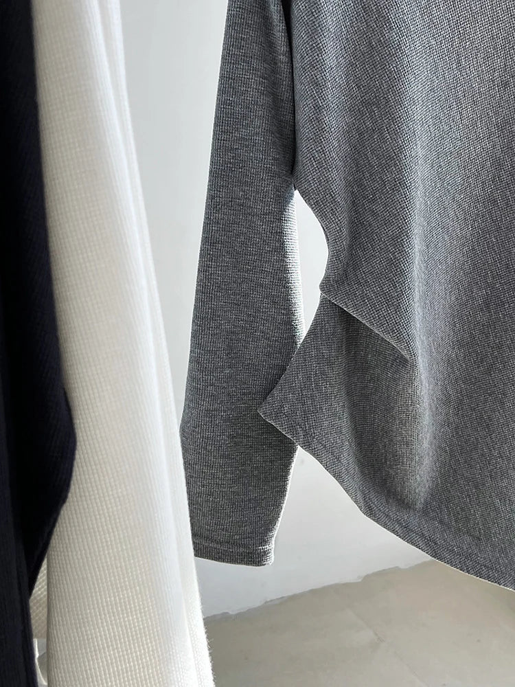 Black Pleated Asymmetrical Collar Sweatshirt for Women
