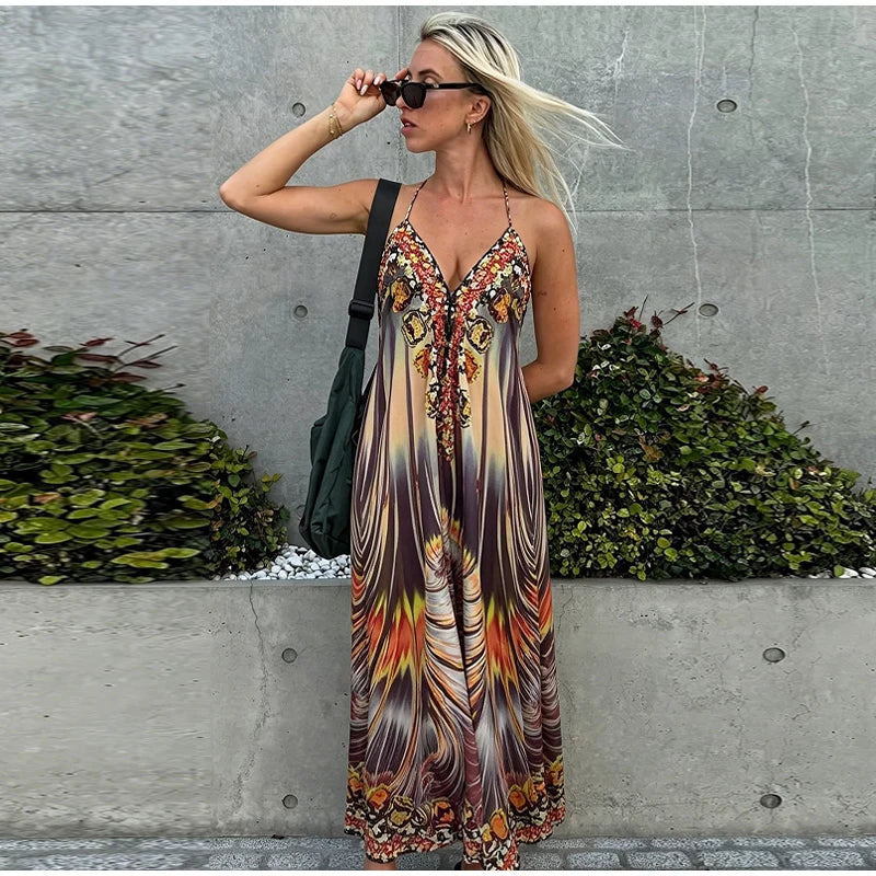 Beach Print Halter Neck Backless Long Dress for Women