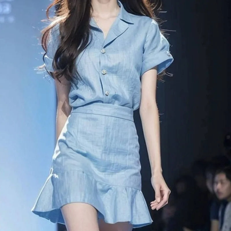 2 Pieces Sets for Women Short Sleeve Skirt Blue Woman Outfit Beach Top and Bottom Stylish Formal Occasion Clothing Trend 2025