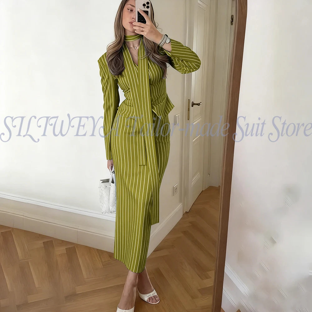 Single Breasted Blue Striped Blazer Skirt Set for Women