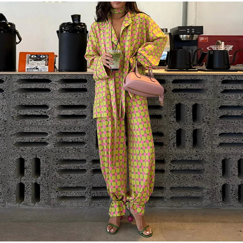 Geometric Printed Wide Leg Loose Pants Set for Women