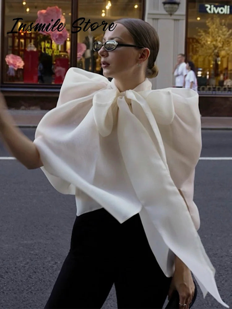 Elegant Loose Organza Blouse With Bow Detail For Women