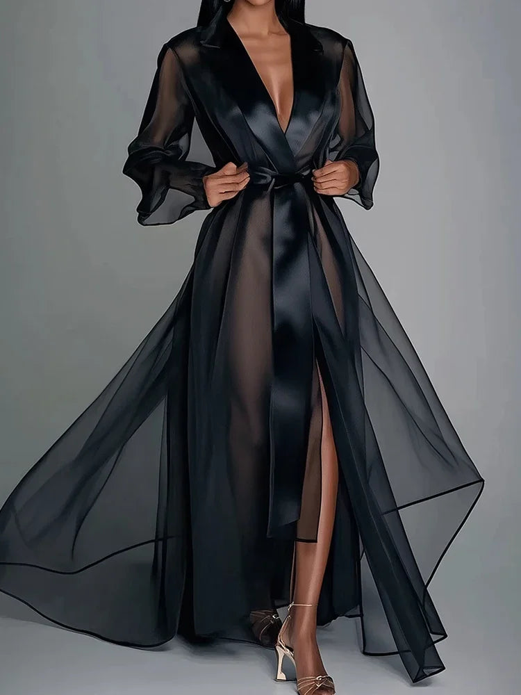 Sheer Organza Long Sleeve Lace Up Maxi Dress With Split Hem For Women