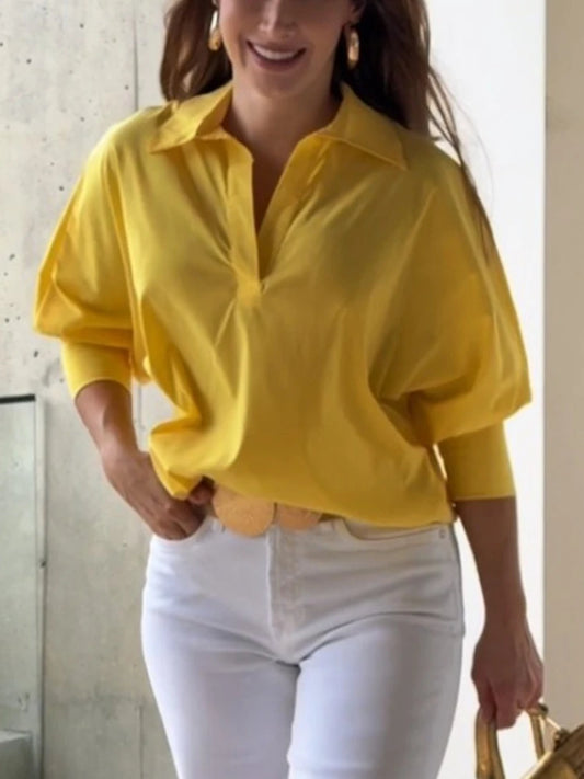 Beautyblue Women Yellow Blouse Cotton Shirt Summer New Casual Loose Tops Spring Chic Lapel Shirt Female Work Wear Shirt Blouse