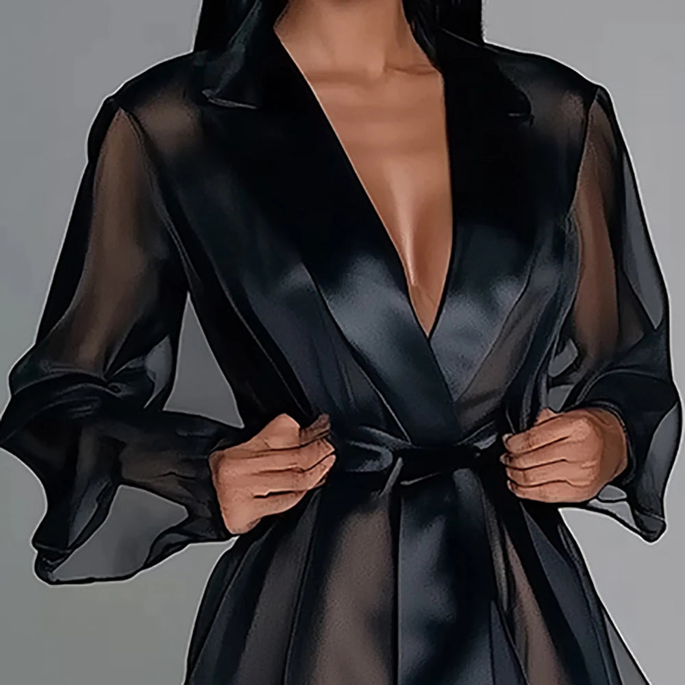 Sheer Organza Long Sleeve Lace Up Maxi Dress With Split Hem For Women