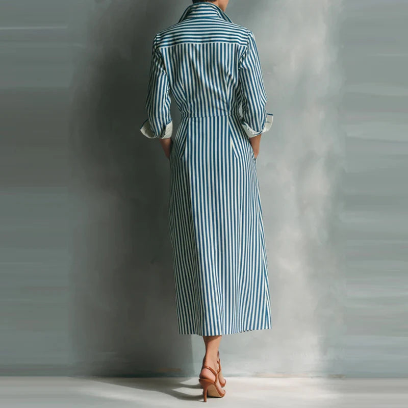 Casual Long Sleeve Stripe Print Dresses Fashion Turn Down Collar Pocket Shirt Dress Women Elegant Button Hight Waist Long Dress