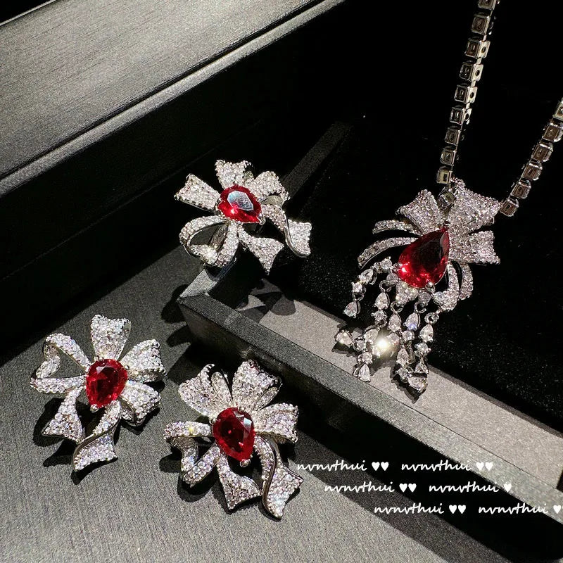 Elegant Red Zircon Bowknot Bridal Jewelry Set for Women