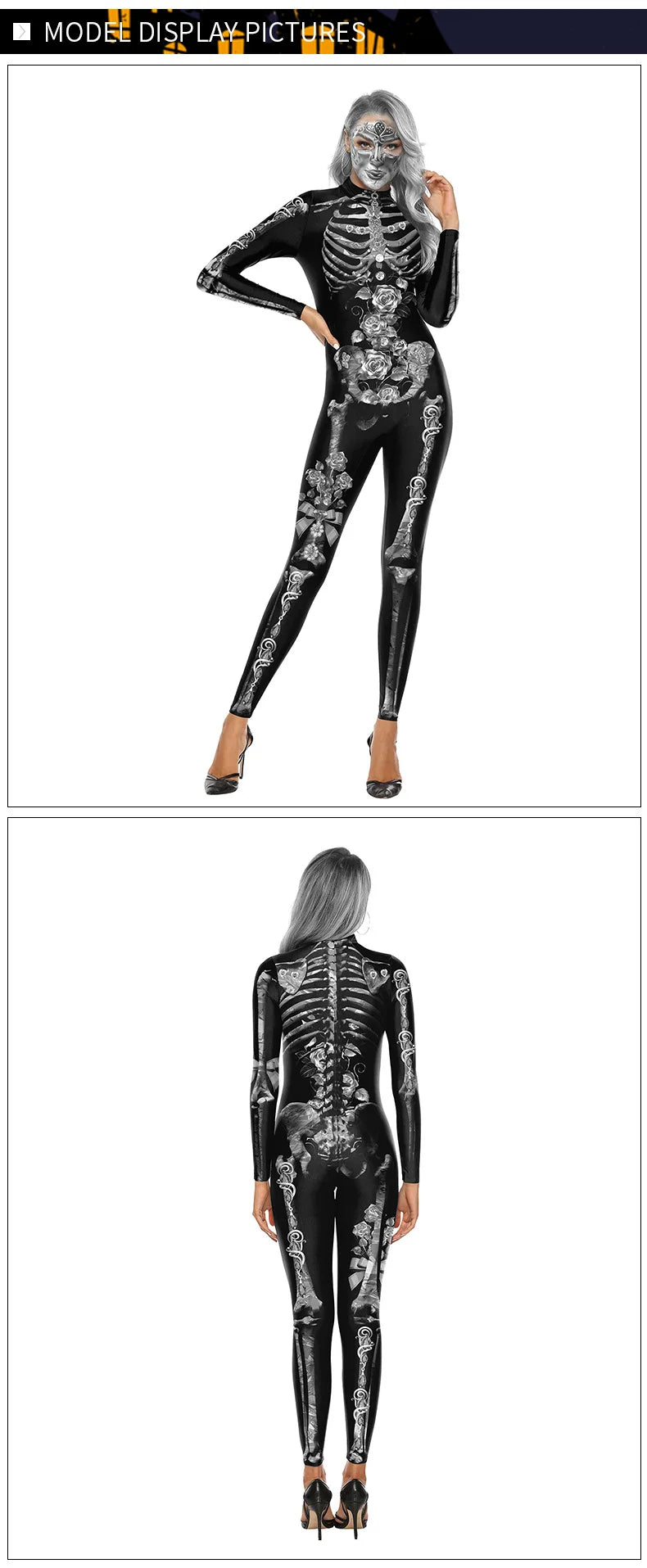 Floral Skull Halloween Skeleton Print Bodysuit for Women