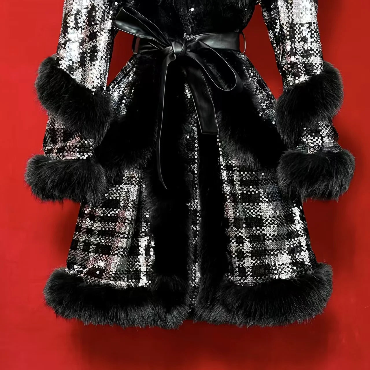 Faux Fur Coats for Women,Adjustable Waist Jacket,Female Clothes,Luxury,Spliced,Sequins,Turn-down Collar,New, Winter, 2025