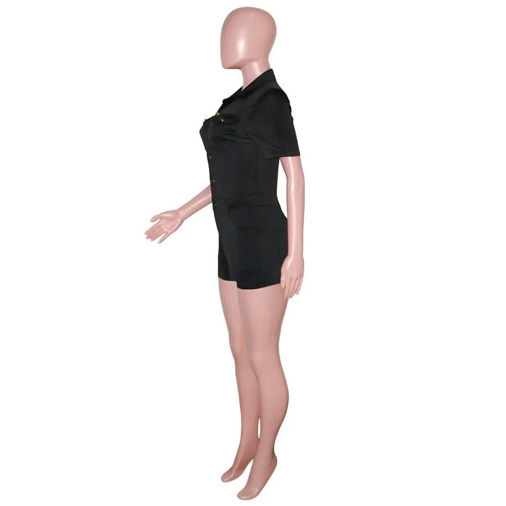 Summer V Neck Mesh Cargo Short Jumpsuit for Women