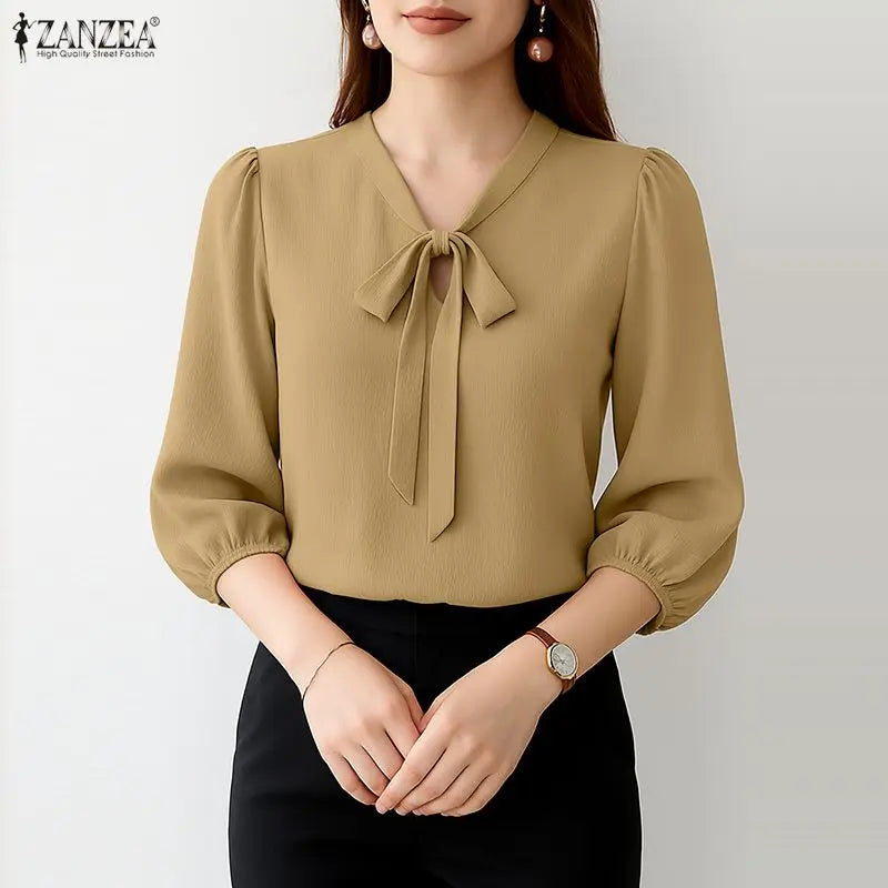 Crinkled Bow Tie Neck Puff Sleeve Blouse for Women