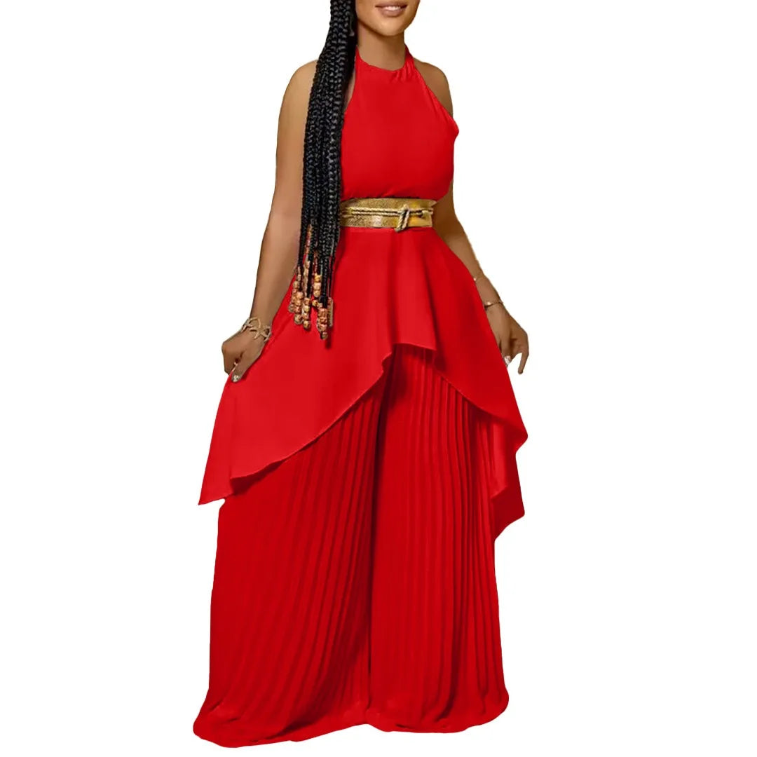 2 Pieces Pants Sets Womens Outfits Blouse Extra Long Sleeveless Backless Belt Waisted & Wide Leg Pants Pleated Floor Length Sets
