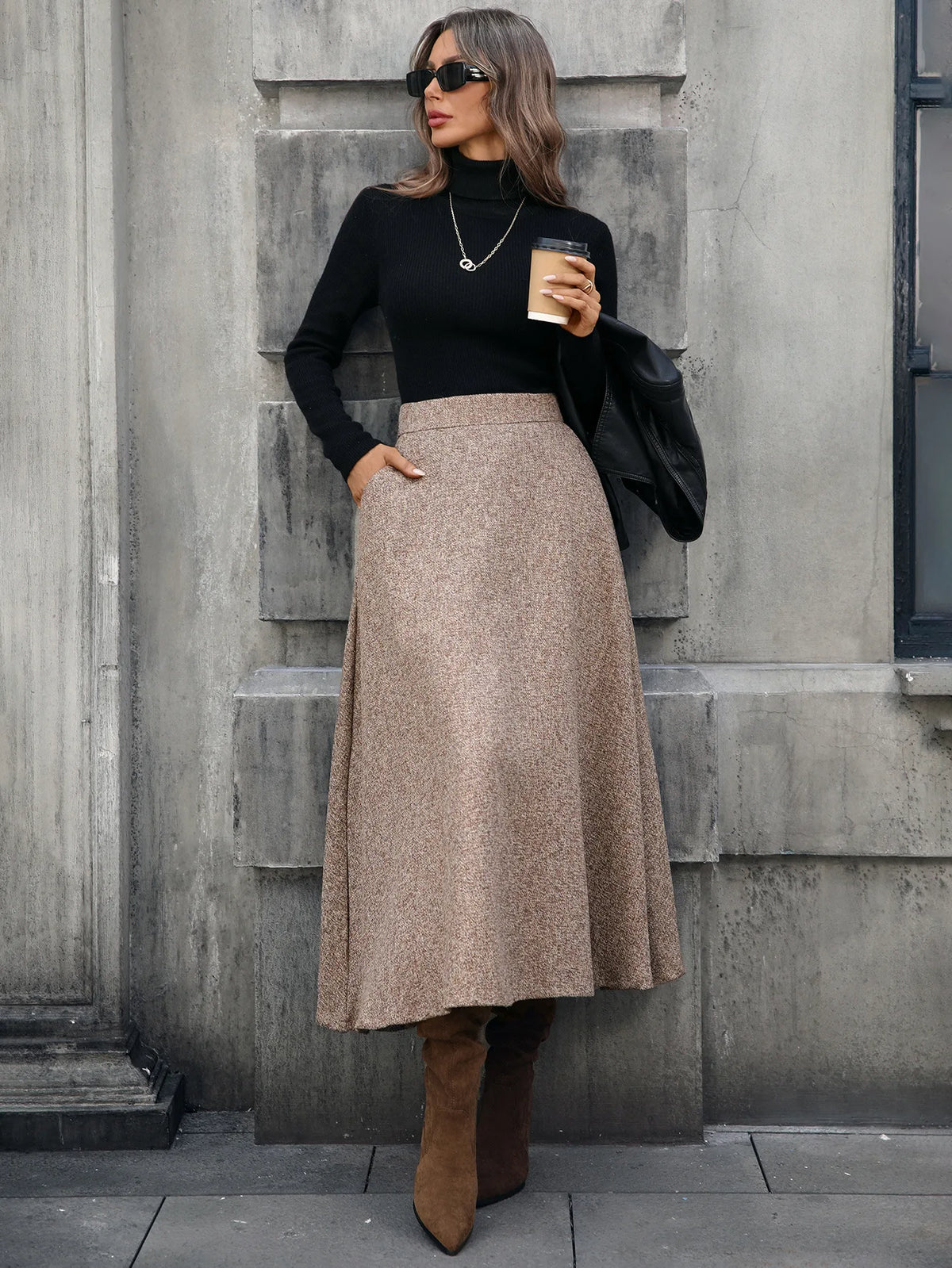 Tweed Ankle-Length A-Line Skirt with Elastic Waist for Women