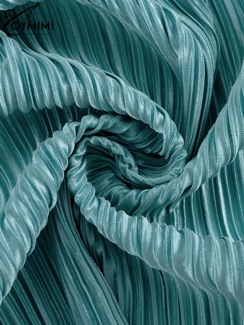 Oymimi Sexy Black Pleated 2 Piece Sets Women Outfit Fashion Loose Slit Long Sleeve Lace-Up Top With High Waist Pants Set Female