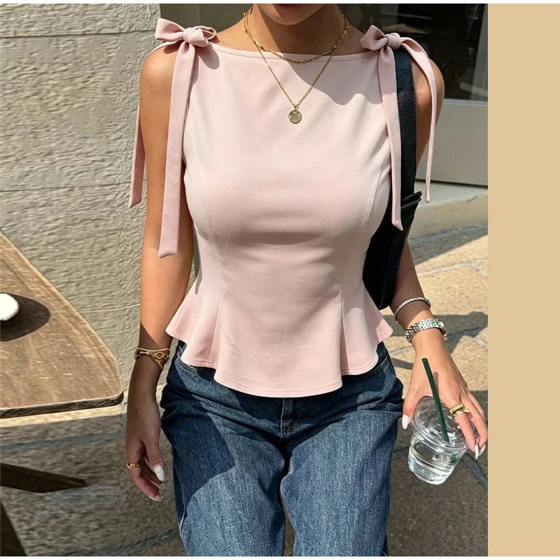 Lace Up Bow Detail Round Neck Sleeveless Top For Women