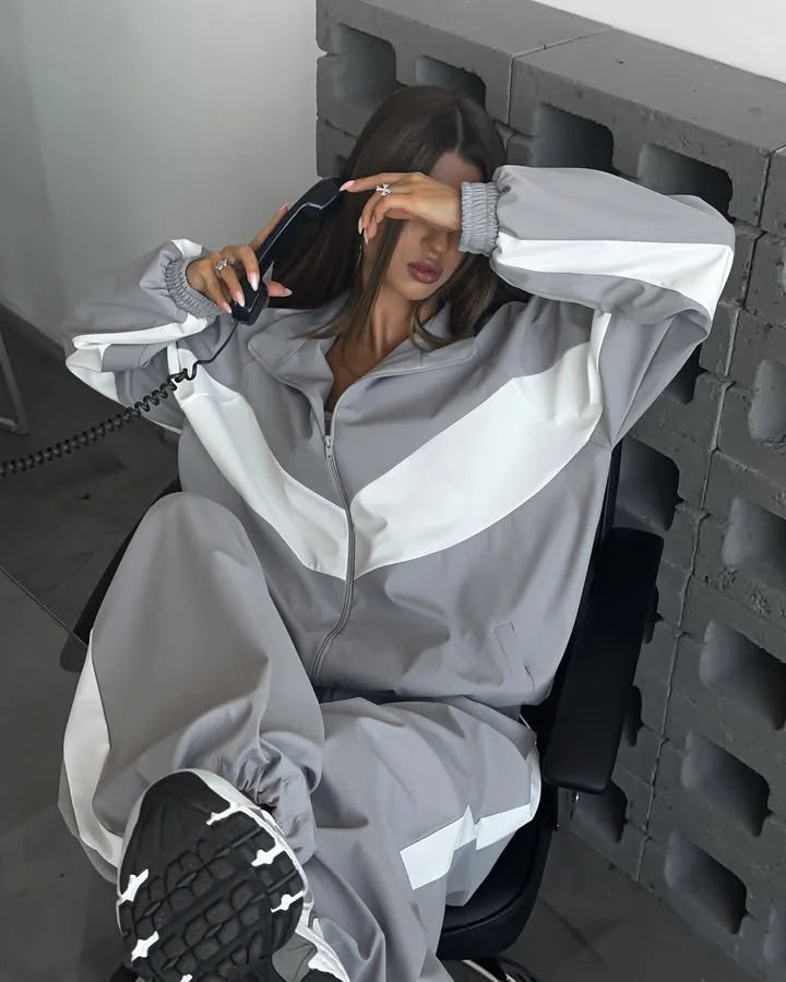 Casual Contrast Color Zipper Tracksuit Set for Women