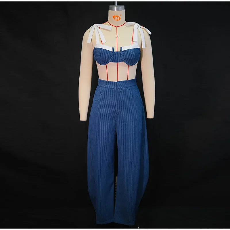 Striped Contrast Sleeveless Crop Top And Pants Set For Women