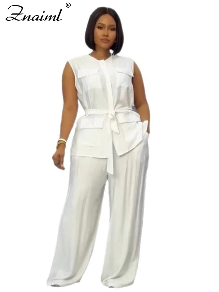 Znaiml Elegant Loose O-neck Sleeveless Pockets Bandage Top and Wide Leg Pants 2 Pieces Sets Women Casual Streetwear Outfits y2k