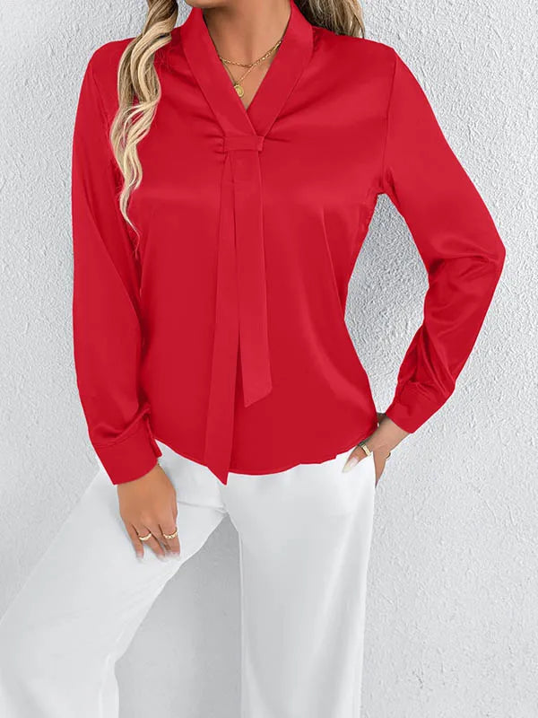 Bonboho 2026 New Women's Solid Color Silky Shirt V-neck Long Sleeves Elegant Blouse for Female Elegant Pullover Work Shirts