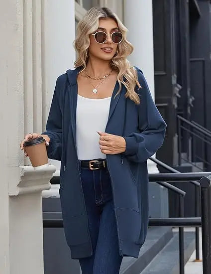 Solid Color Long Sleeve Zippered Hoodies For Women