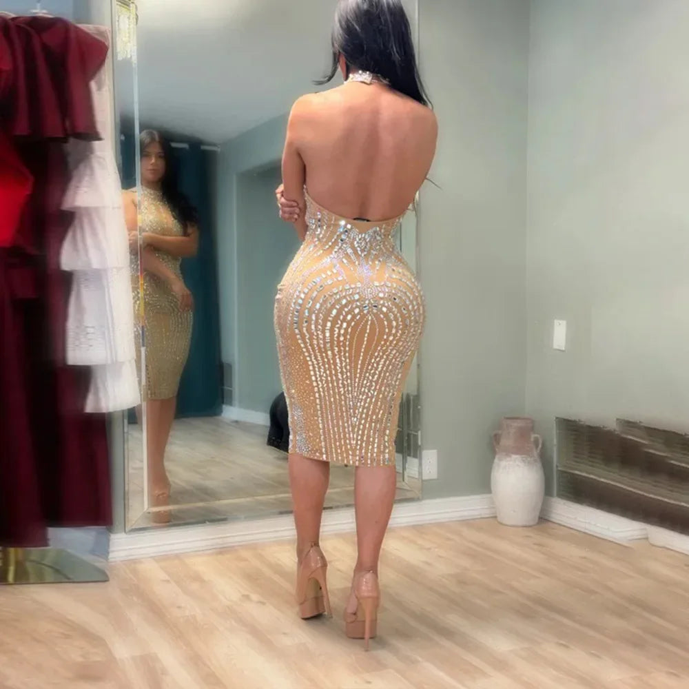 Rhinestone Embellished Sleeveless Bodycon Midi Dress for Women