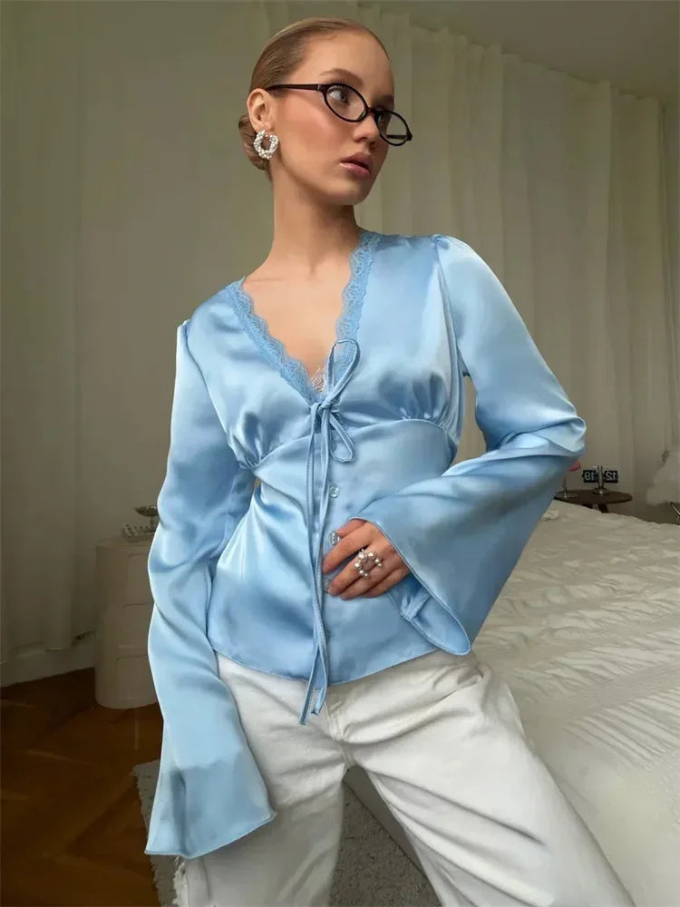 Lace-Up Satin Patchwork V-Neck Vest Top for Women**