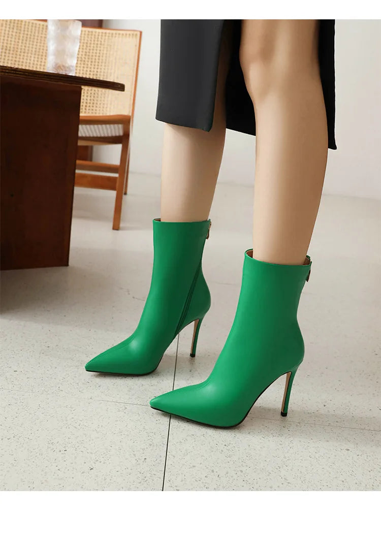 Elegant Plus Size Leather Pointed Toe High Heel Ankle Boots for Women