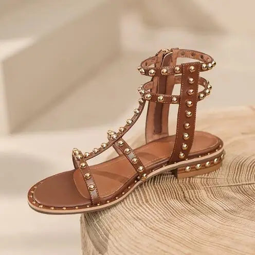 Retro Brown Rivet Studded Open Toe Slingback Sandals for Women