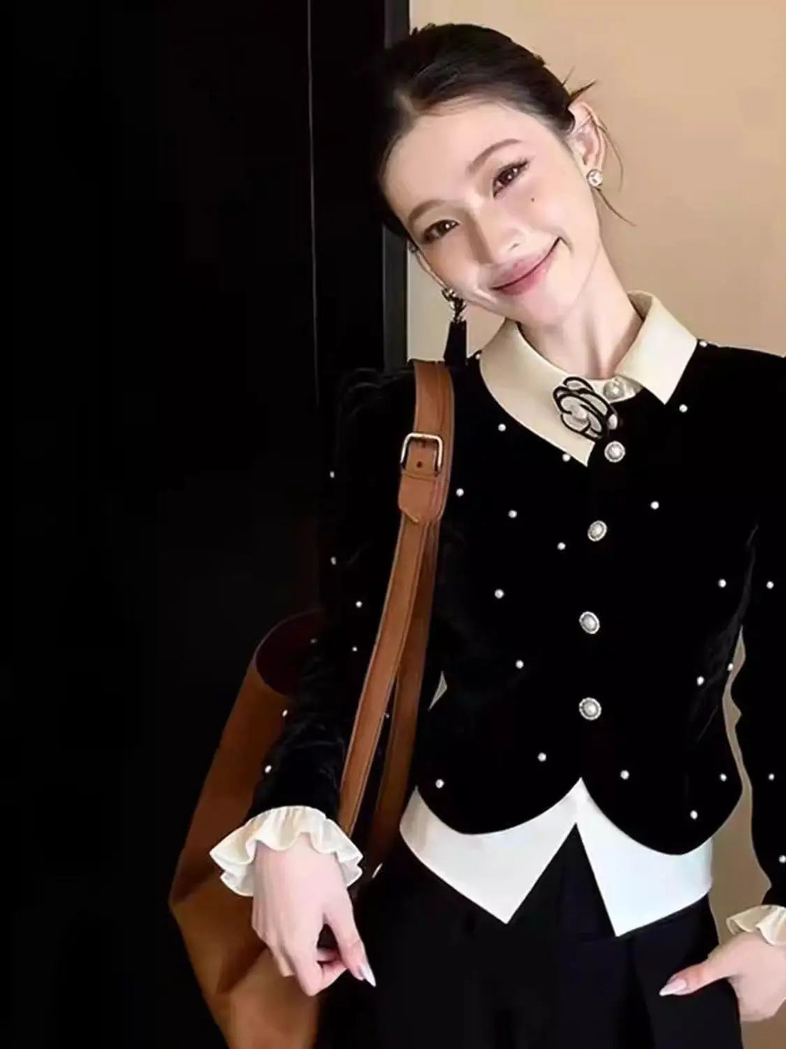Elegant Single Breasted Long Sleeve Velvet Shirt for Women