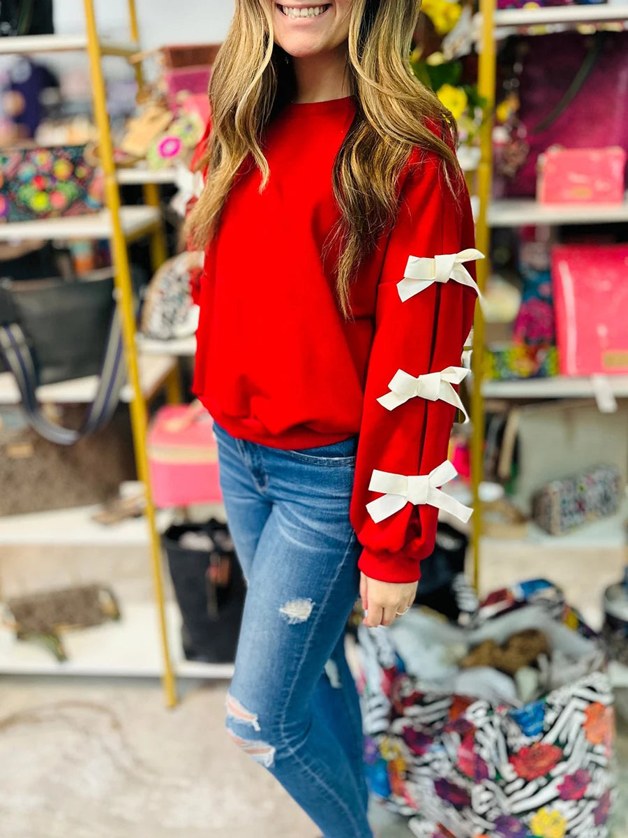 Christmas  Women’s Oversized Bow Decoration Hoodie Sweatshirts Long Sleeve Round Neck Loose Fit Pullover Tops with Bows