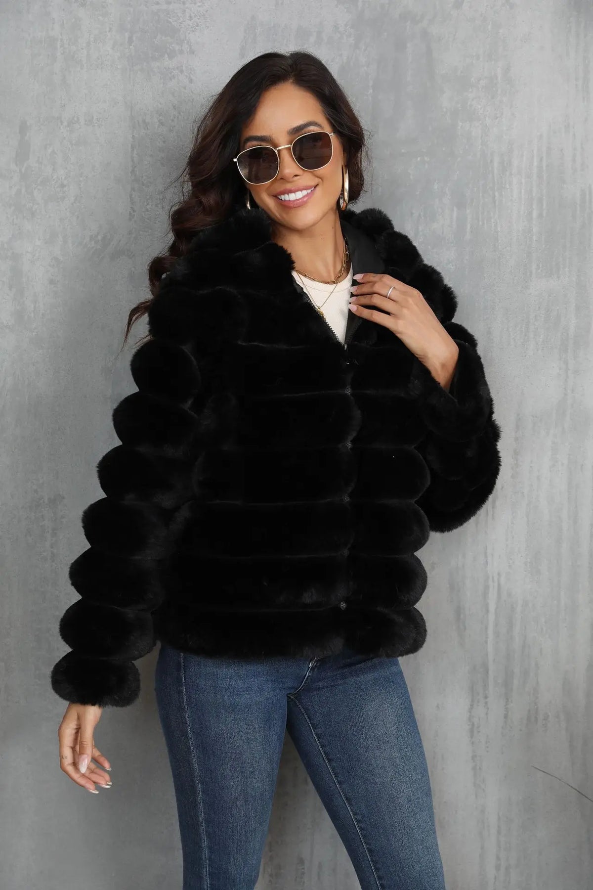 Warm Hooded Short Faux Fur Coat With Turn Down Collar for Women