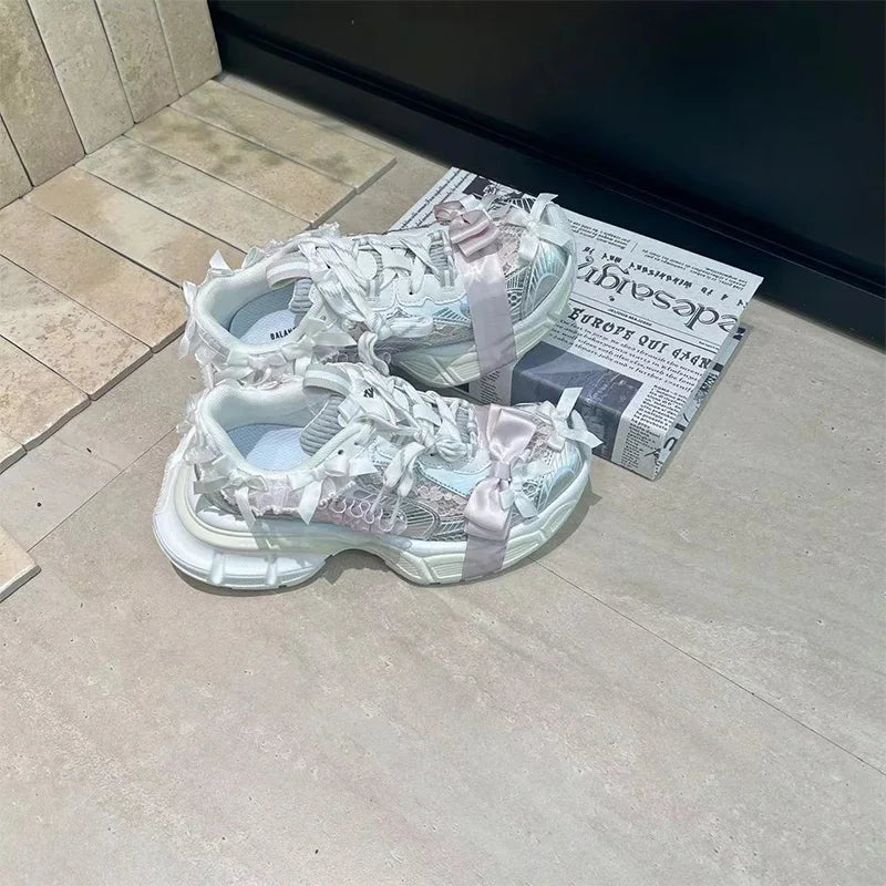 Luxury Brand Thick-soled Sports Shoes Women Bow Tie Casual Run Shoe Versatile Mesh Breathe Comfort Outdoor Large Size Women Shoe