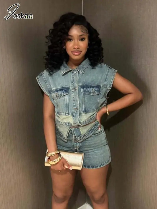 Joskaa Patchwork Stretch Denim 2 Piece Sets Women Lapel Button Pocket Tank Tops and Irregular Shorts Matching 2025 Streetwear