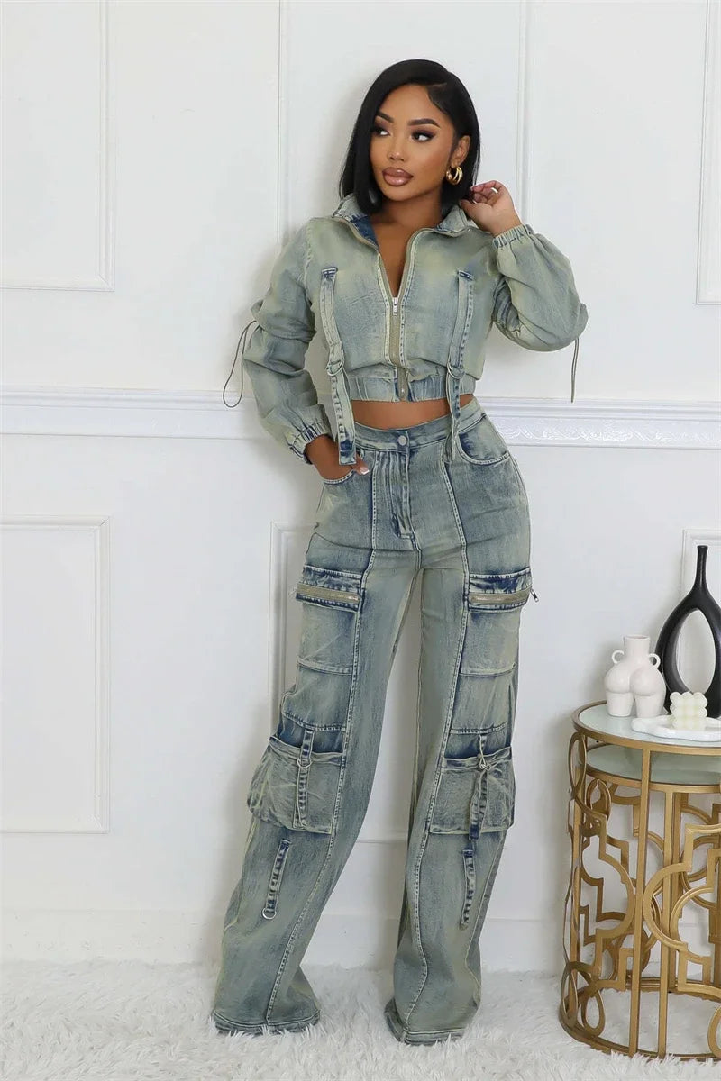 Streetwear Denim Crop Top And Cargo Pants Set for Women