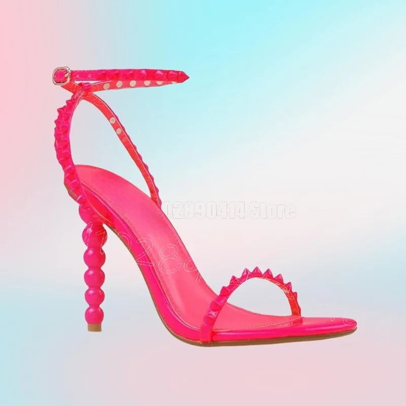 Rose Red Spiked Buckle Strap Heel Sandals for Women