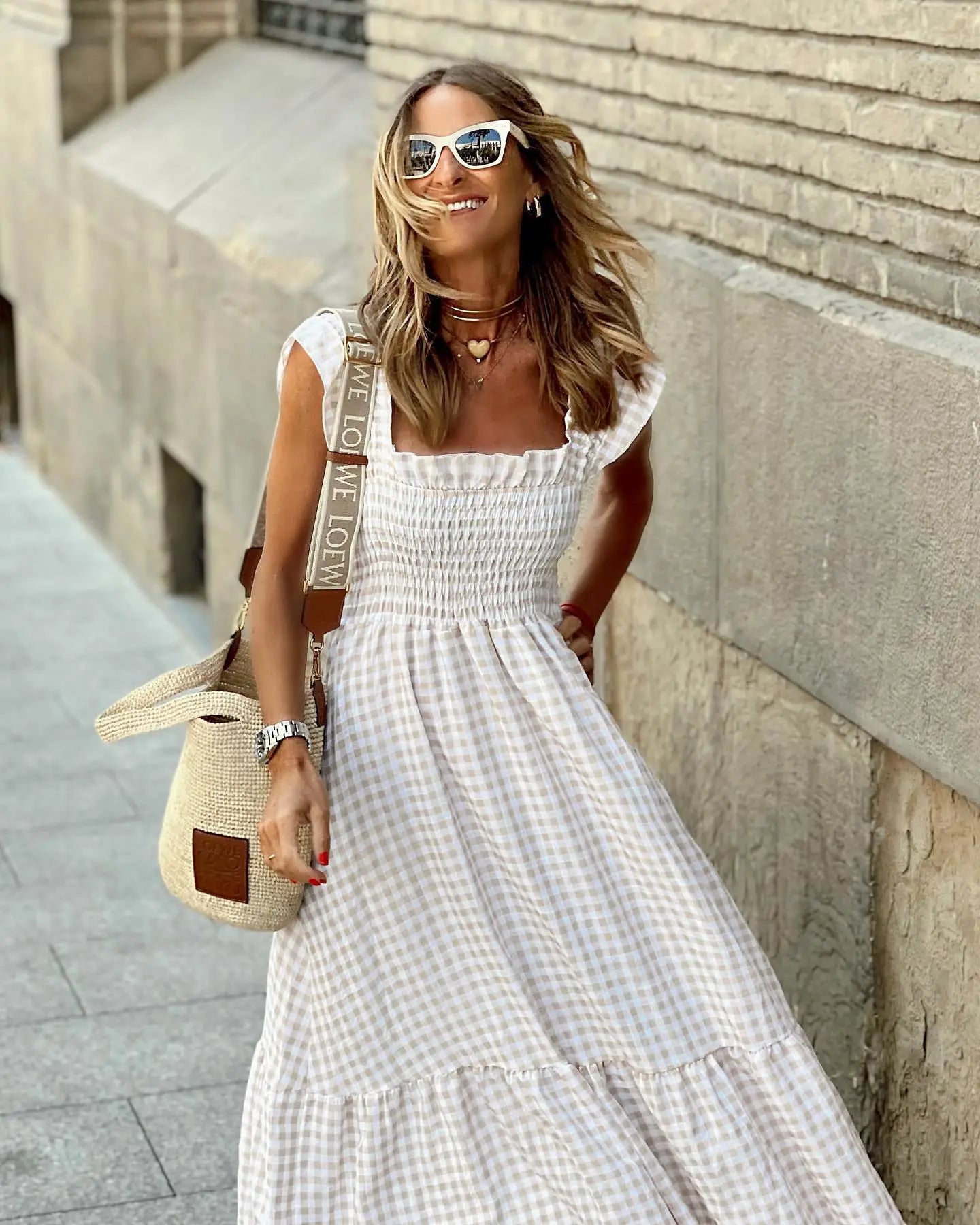 Flowy Plaid Backless Maxi Dress with Elastic Waist for Women