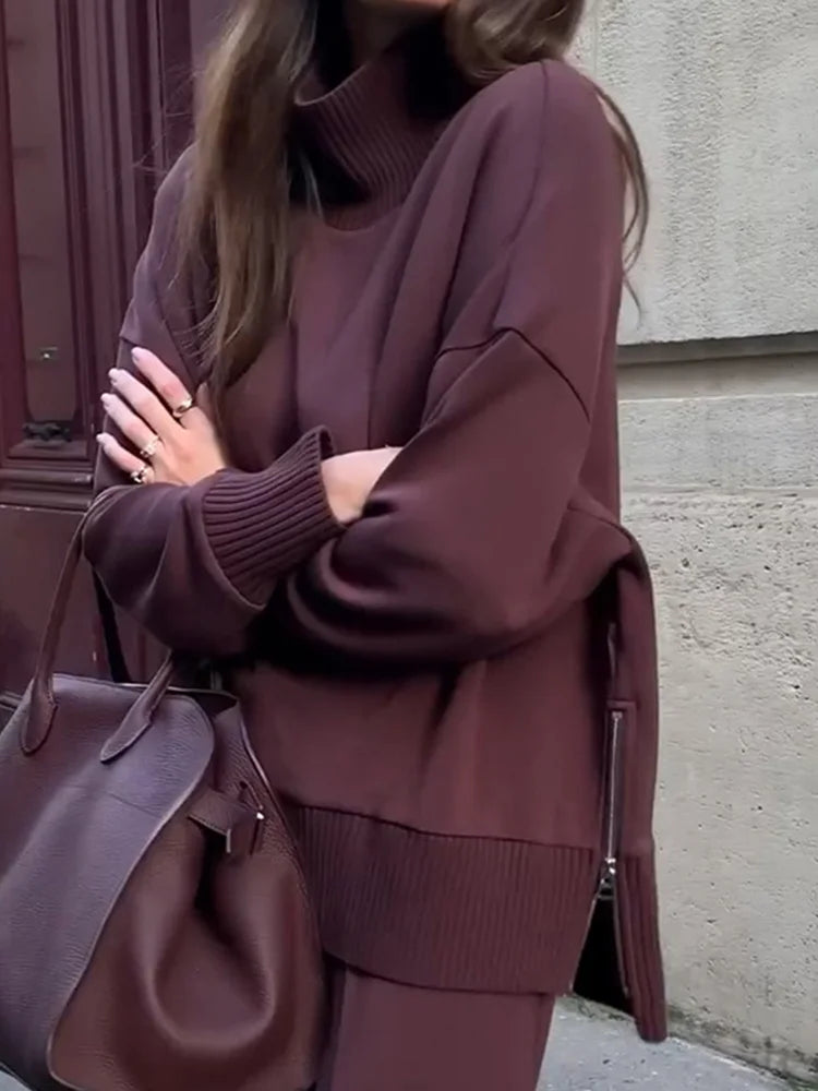 Half High Collar Pullover and Wide Leg Pants Set for Women