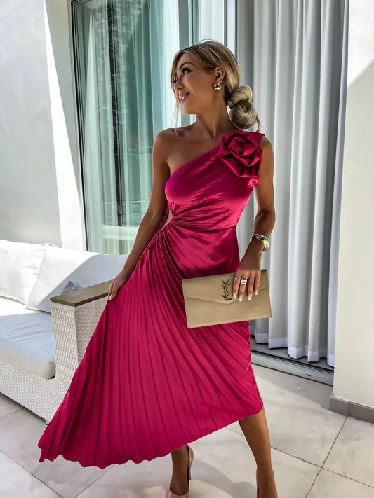 One Shoulder Floral Applique Dress