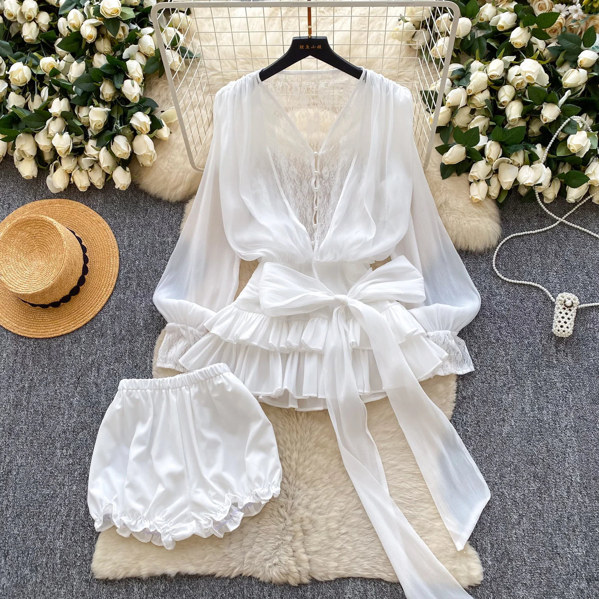 Lace Chiffon Mini Dress With Ruffles and Shorts for Women