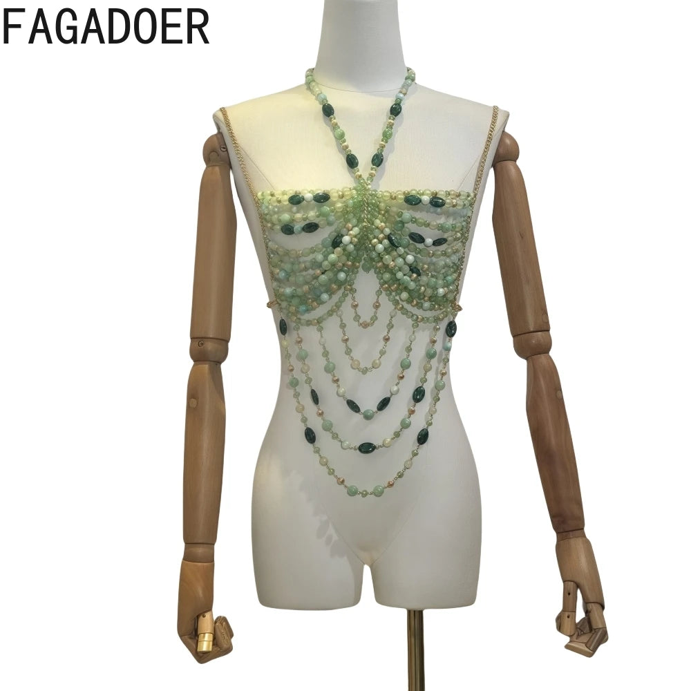 FAGADOER Sexy Beading Patchwork Camisole Bodycon T-shirt Woman Spaghetti Strap Sleeveless Backless Crop Top Female Streetwear