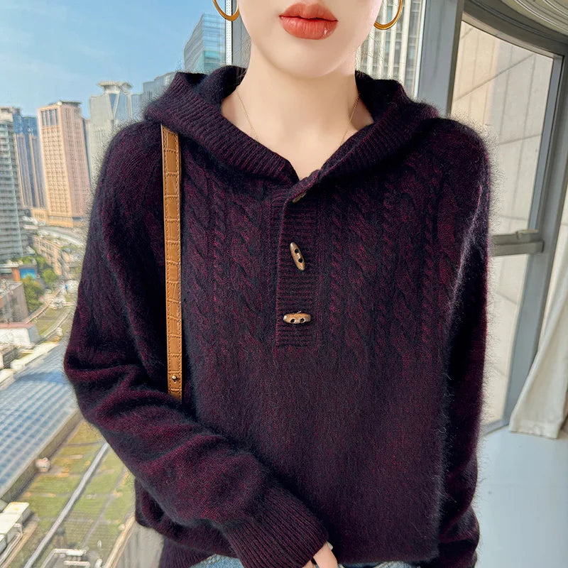 Chunky Knit Loose Hooded Pullover Sweater for Women