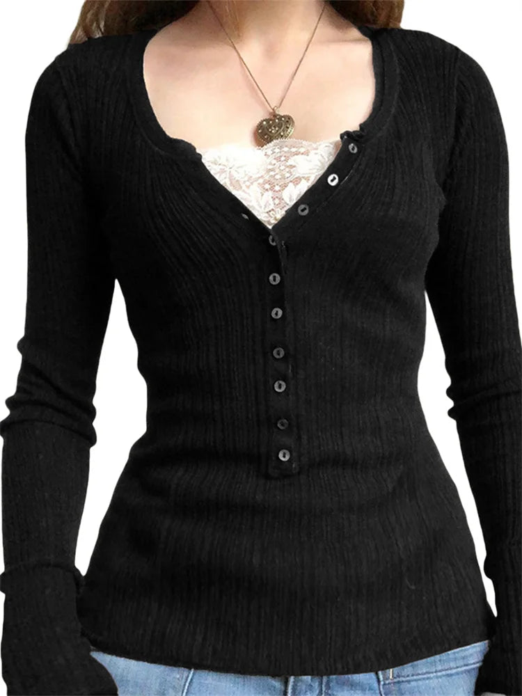 Button Front Lace Patchwork Slim Fit Knit Top for Women