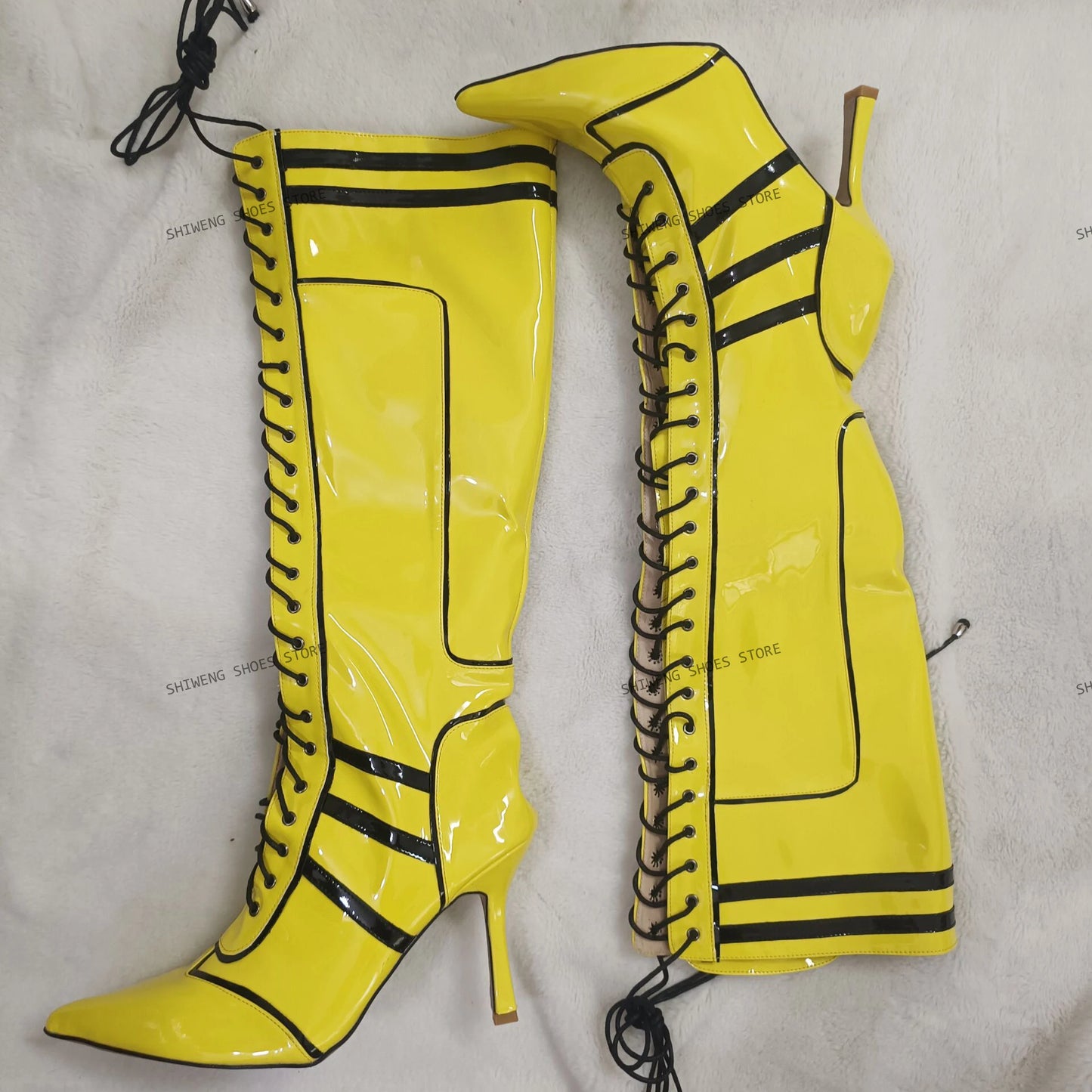 Cross Tied Buckled Knee High Boots with Lace Up for Women