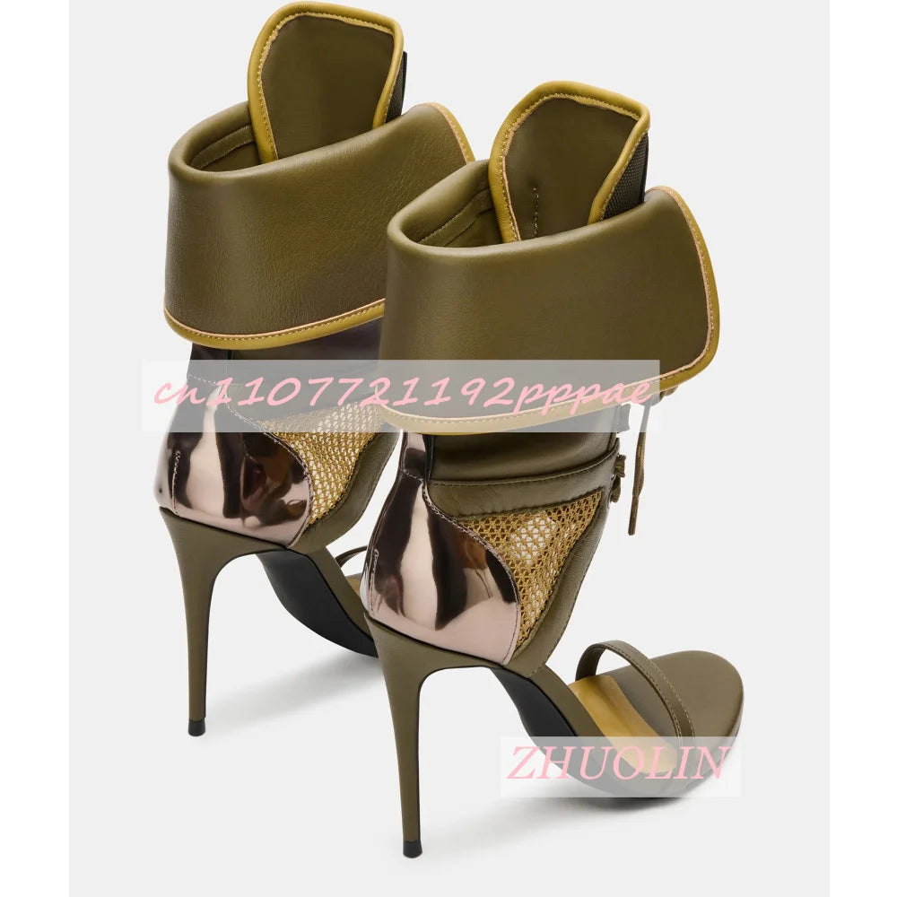 Army Green Open Toe Mesh Lace Up Gladiator High Heel Sandals for Women