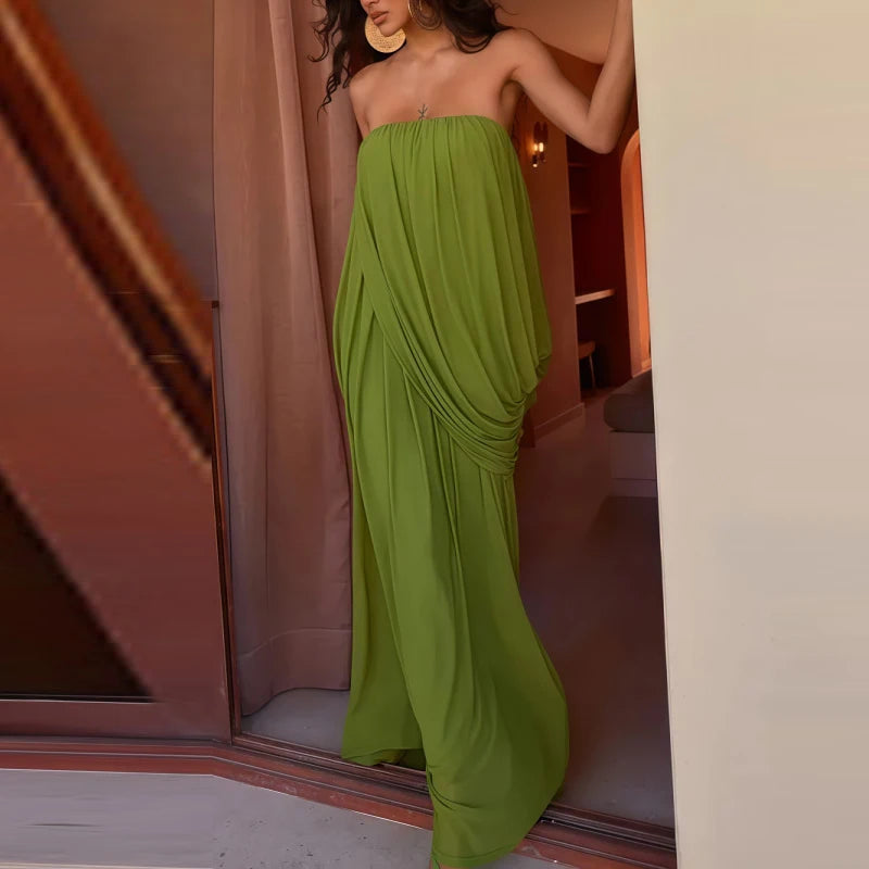 Elegant Strapless Backless Pleated Slit Maxi Dress for Women